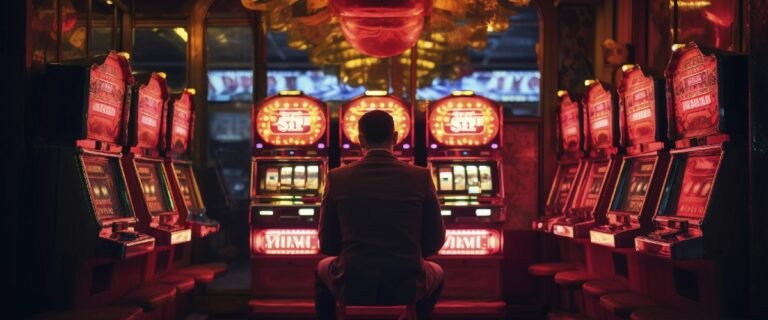 Banner guide online casino, Mann vor Spielautomaten in einem Casino