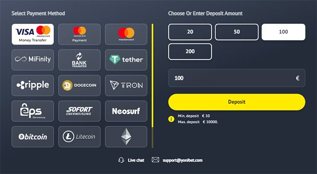 Yonibet deposit