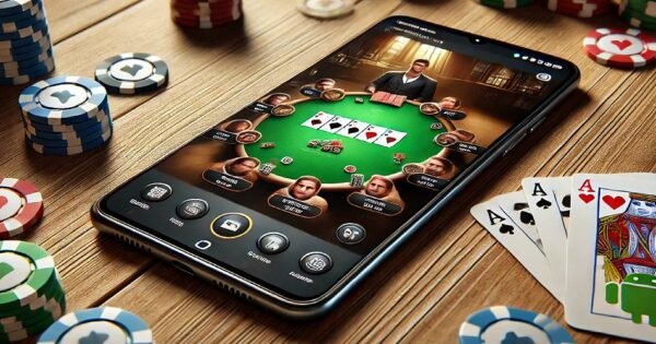 Android-Poker, Handy mit mobiler Poker-App in der Mitte eines Tisches und umgeben von Chips und Karten.