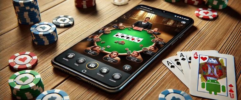 Android-Poker, Handy mit mobiler Poker-App in der Mitte eines Tisches und umgeben von Chips und Karten.