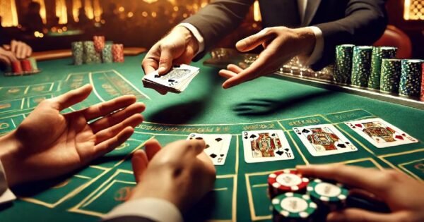 Baccarat online kostenlos: Chips, Karten, Spieltisch, Croupier, Spieler.