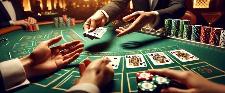 Baccarat online kostenlos: Chips, Karten, Spieltisch, Croupier, Spieler.