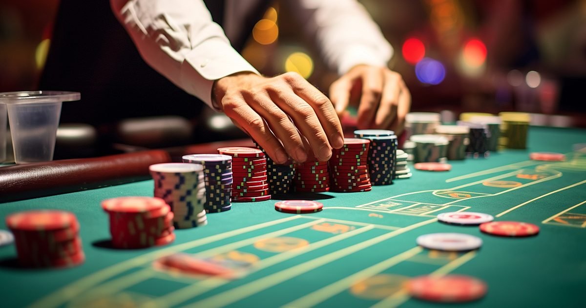 Banner für einen Online-Mini-Baccara-Artikel, der einen Croupier an einem Spieltisch zeigt, der Chips ausgibt.